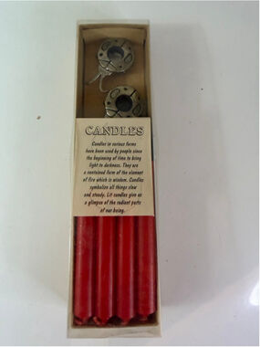 Vintage Red Candle Set with 2 Lady Bug Candle Holders and a paper about colors.